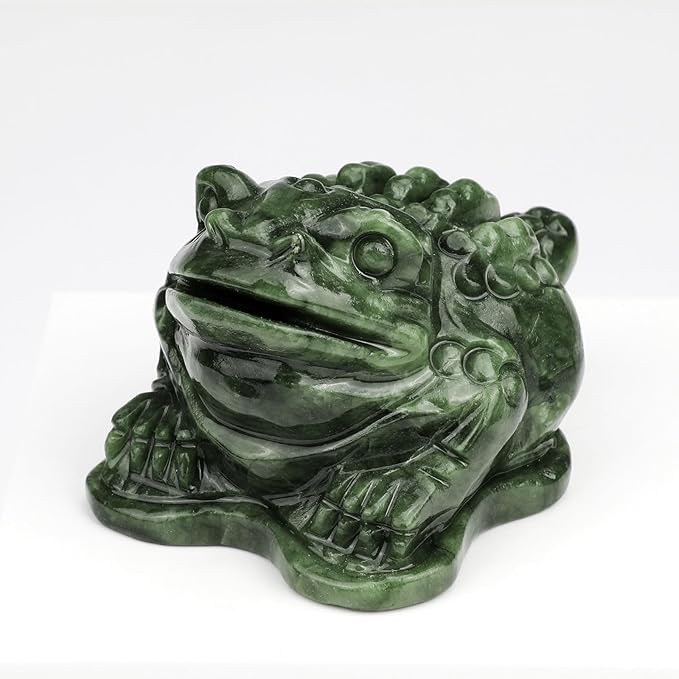 gemshan Jade Money Frog Statue, 3.1 Inch Natural Jade Feng Shui Frog Sculpture, Hand-Carved Collector's Art for Home/Office/Garden Decor