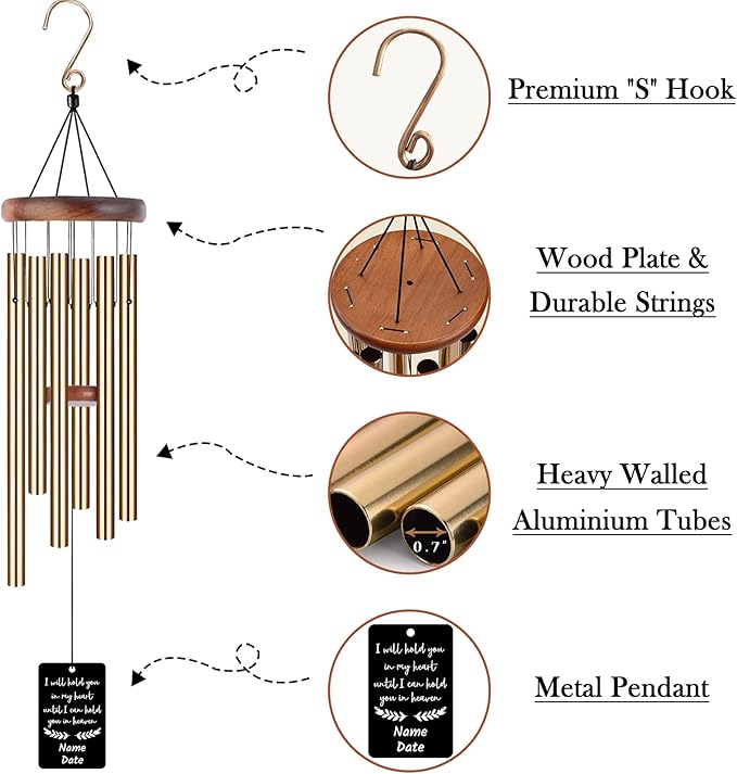 Personalized Custom Wind Chimes Memorial Engraved Gifts for Loss of Loved One Mother Dad Mom Dog Pet Customized Outdoor Sympathy Wind Chimes with Photo Text