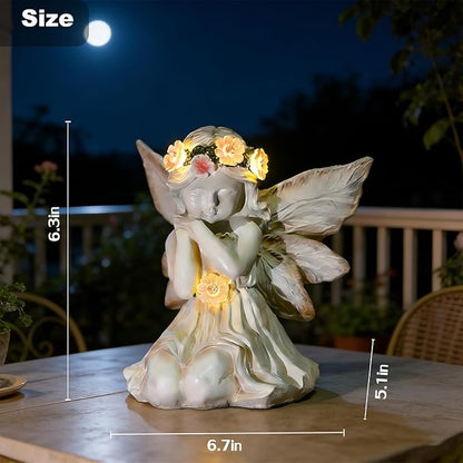 VEEKI Solar Angel Garden Statue Outdoor, Praying Angel Statues Solar Figurine Lights Outdoor Waterproof, Resin Angel Sculpture for Garden Yard Lawn Grave Cemetery Decor, Gift for Mom Grandma Women