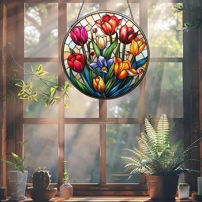 Tulip Suncatcher Stained Glass Suncatchers Stained Glass Ornament for Home Decor Indoor Wall Art Gift for Mother Women Friends (Tulip, M)