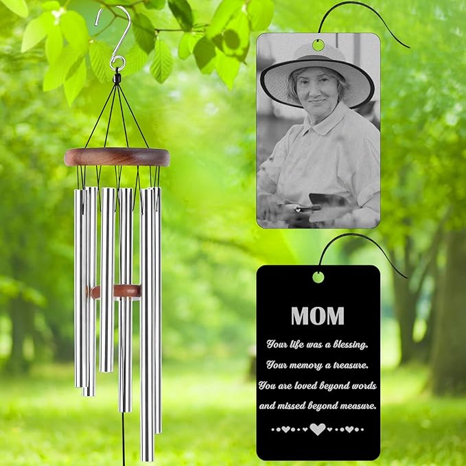 Personalized Custom Wind Chimes Memorial Engraved Gifts for Loss of Loved One Mother Dad Mom Dog Pet Customized Outdoor Sympathy Wind Chimes with Photo Text