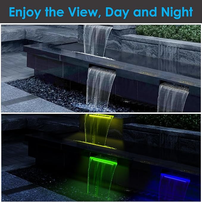 AquaMiracle All-in-1 Pond Waterfall Kit with LED Lights, 8" Stainless Steel Spillway with 660GPH Water Pump, Lighted Waterfall Fountain Outdoor for Water Garden, Backyard, Pool