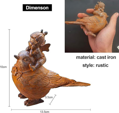 Cast Iron Fairy & Bird Garden Statue – Vintage Rustic Outdoor Decor, Heavy-Duty Metal Figurine for Patio Lawn Porch Flower Beds & Home Accents, Weather-Resistant Yard Ornament (Rustic-B)