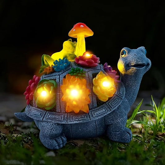 Solar Garden Outdoor Statues Turtle with Succulent and 9 LED Lights - Lawn Decor Tortoise Statue for Patio, Balcony, Yard Ornament - Unique Housewarming Gifts（8.5 Inch）