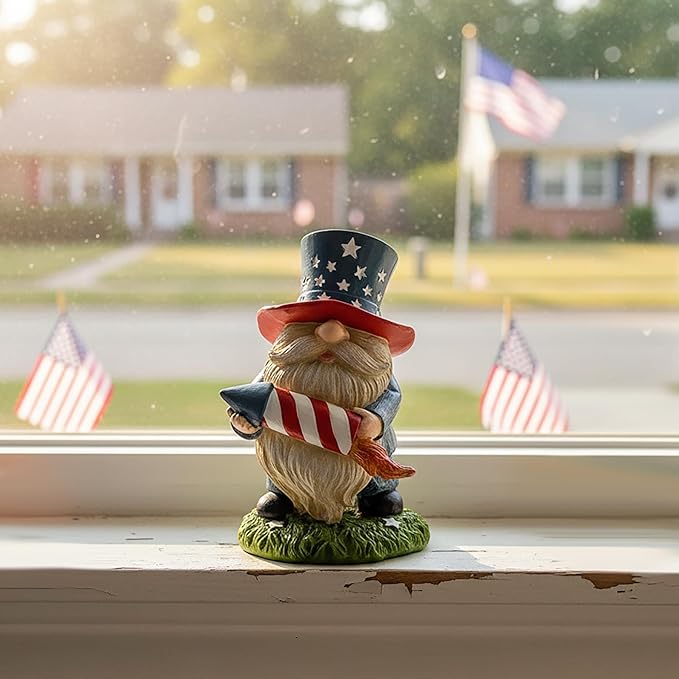 Patriotic Garden Gnome Statue with Firework – Resin Fourth of July Gnome Decoration for Yard, Garden & Home, Independence Day Decor
