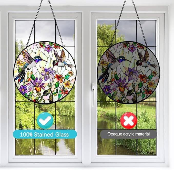 Hummingbird Sun Catcher Stained Glass Window Hanging - Wildflower and Bird Suncatchers for Windows Stained Glass Suncatcher - Sun Catchers Indoor Wall Art Home Decor Gift for Mom Grandma Bird Lovers