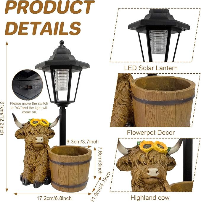 Highland Cow Garden Outdoor Statues with Solar Lights and Flowerpot Decor Animal Figurines Sculptures Resin Outdoor Statues for Patio Yard Lawn Balcony Mom Grandma Gifts