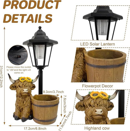 Highland Cow Garden Outdoor Statues with Solar Lights and Flowerpot Decor Animal Figurines Sculptures Resin Outdoor Statues for Patio Yard Lawn Balcony Mom Grandma Gifts