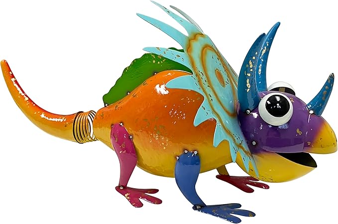 Metal Triceratops Dinosaur Garden Colorful Enanemeled Statue Outdoor Decoration, Patio and Lawn Ornament, Indoor Decor, Sculpture Yard Art