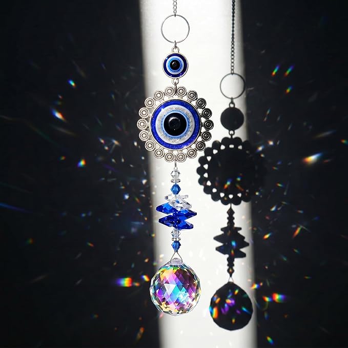 Crystal Suncatcher for Windows - Hanging Prism Sun Catchers with Crystal Balls&Blue Eye, Rainbow Maker for Home、 Garden、Car Decor (Round Eyes)
