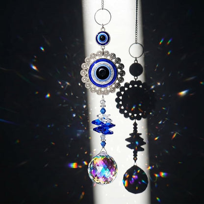 Crystal Suncatcher for Windows - Hanging Prism Sun Catchers with Crystal Balls&Blue Eye, Rainbow Maker for Home、 Garden、Car Decor (Round Eyes)