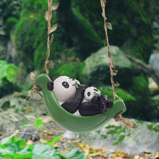 Swing Animal Garden Statue, Hanging Sculpture,Creative, Cartoon Cute Figurine Resin Ornament for Outdoor Courtyard Tree, Panda Statue