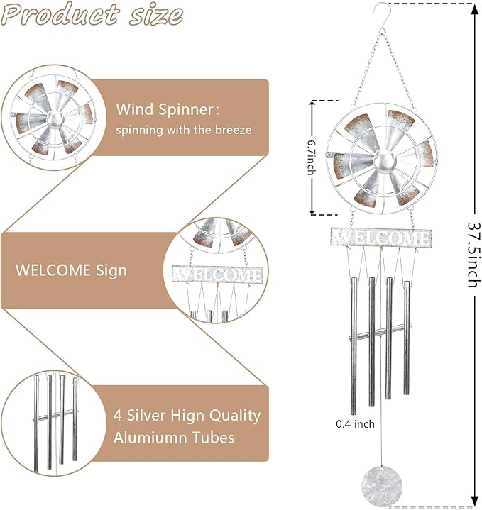 MUMTOP Wind Chimes for Outside, Metal Wind Chimes Outdoor with Wind Spinner and Welcome Sign for Home, Garden and Patio Decor