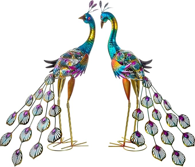 Peacock Garden Statues Metal Peacocks Sculptures for Outdoor Backyard Decor Patio Lawn Porch Yard Decoration (Pack of 2, Blue)