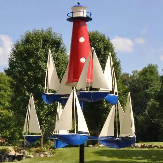 Fdit Sailboat Windmill, Metal Garden Wind Sculpture, Red White Blue, Lighthouse Art Design, for Lawn Patio Decoration