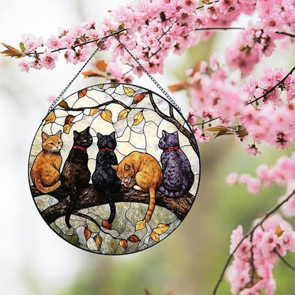 Stained Glass Window Hanging, 5 Cats on a Branch Suncatcher for Window Doors Garden Home Decoration, Animal Colorful Glass Panel Ornaments for Women,Men,Wife, Lovers, and Mom 7.8x7.8 in