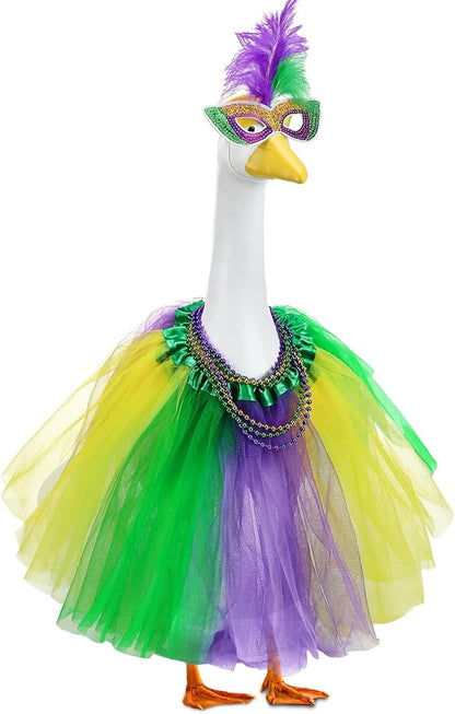 Abbylike 1 Set Mardi Gras Porch Goose Outfits Carnival Porch Yard Goose Clothes and Mask Costume Fits Large 23'' Cement for Garden Yard Statue Pathway Decorations