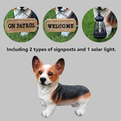 Corgi Garden Statue with Solar Lantern, Adorable Dog Outdoor Decor with Interchangeable Welcome & On Patrol Signs, Waterproof Resin Puppy Figurine for Yard, Lawn, Patio, Dog Lover Gift