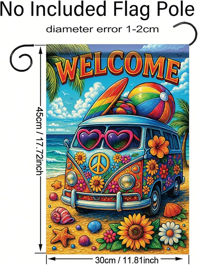 Summer Garden Flag 12x18 Inch Welcome Hippie Van Beach Surf Rainbow Peace Floral Design Outdoor Yard Porch Lawn Patio for Seasonal Coastal Boho Home Decor