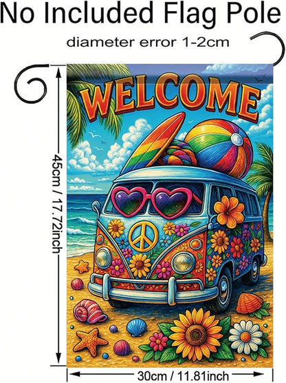 Summer Garden Flag 12x18 Inch Welcome Hippie Van Beach Surf Rainbow Peace Floral Design Outdoor Yard Porch Lawn Patio for Seasonal Coastal Boho Home Decor