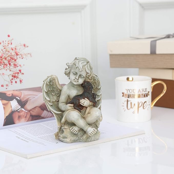 DUSVALLY Angel Sculpture with A Little Dog in Arms, Garden Resin Statue, Angel Figurine Tabletop Decor, Angel with Wings Statue for Indoor Outdoor