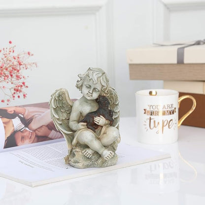 DUSVALLY Angel Sculpture with A Little Dog in Arms, Garden Resin Statue, Angel Figurine Tabletop Decor, Angel with Wings Statue for Indoor Outdoor