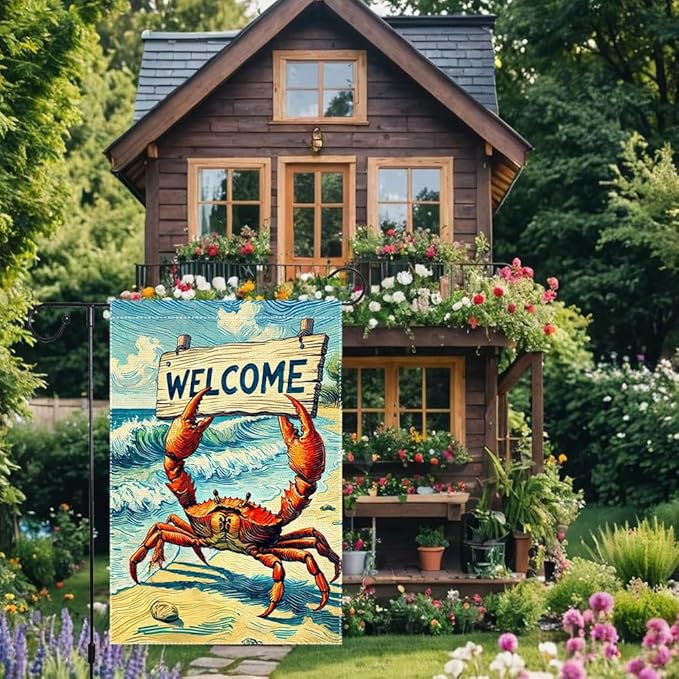 Welcome Crab Garden Flag Spring Summer Grden Flags Vertical Double Sided Small Burlap beach Patio Lawn Holiday Yard Outdoor Decorations 12x18 Inch
