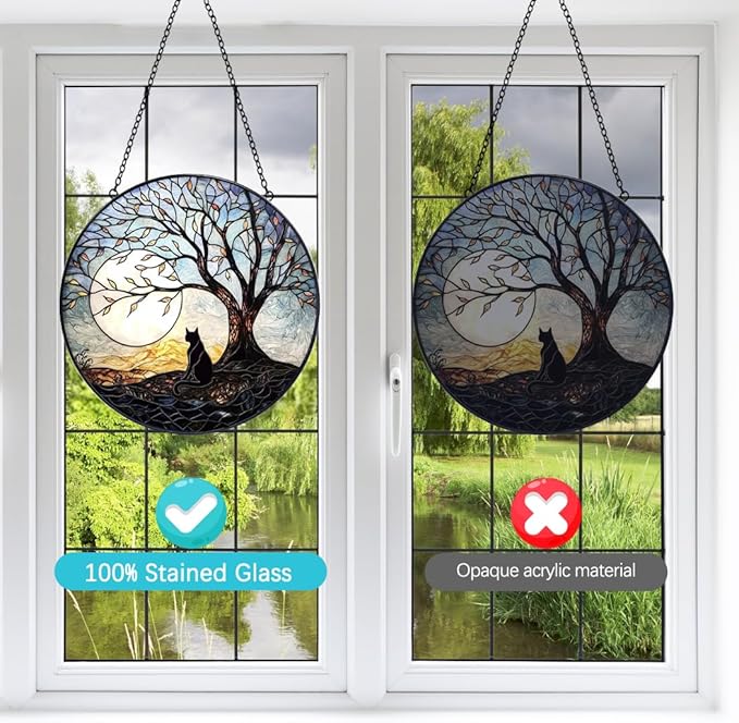 Black Cat Suncatcher Stained Glass Window Hanging - 8” Handmade Cat Suncatchers for Windows Hanging - Cat On a Tree Sun Catchers Wall Decor Glass Panel - Mothers Day Birthday Gifts for Mom Grandma