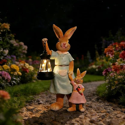 VEEKI Garden Statues Outdoor, Cute Rabbit Statue with Solar Lantern, Resin Bunny Figurines Lights Outdoor Waterproof for Patio Yard Lawn Ornament, Unique Housewarming Birthday Gifts for Women (Bunny)
