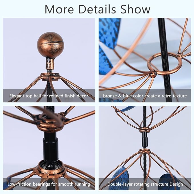 hogardeck Large Wind Spinner Outdoor, 85" Metal Kinetic Wind Spinner with Heavy-Duty Stakes, 360° Rotating Double-Layer Retro Yard Art for Home Outside Garden Lawn Backyard Patio Decor (Blue, Bronze)