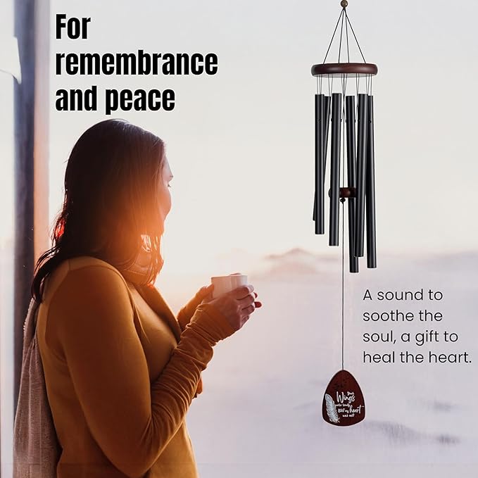Memorial Wind Chimes for Loss of Loved One, Windchimes in Memory of a Loved One, Sympathy Gift Baskets, Bereavement Condolence Gifts, Memorial Gifts for Loss of Mom, 32" Sympathy Feather, Black