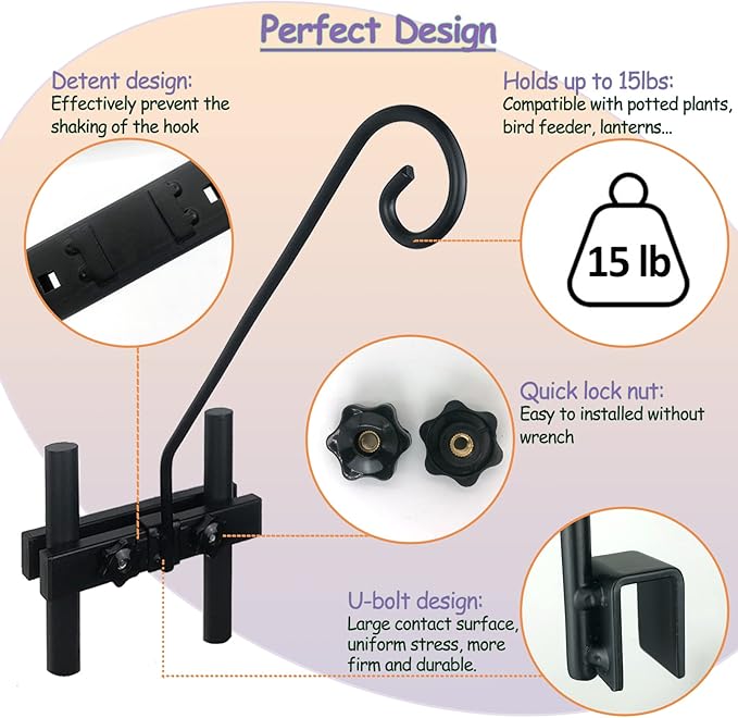 Deck Hook Rail Suitable for Hanging Flower Baskets Wind Chimes Planters Bird Feeders Lights, Heavy Duty Fence Deck Hook Rail Holds up to 15lbs with Ease Note: Pole Length: 16.5 inches