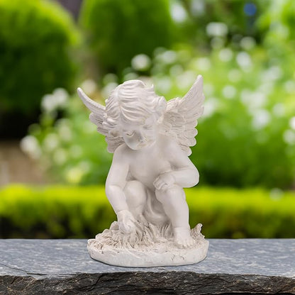 Northlight Heavenly Gardens Distressed Sitting Cherub Angel Outdoor Patio Statue, 12", Distressed Ivory White