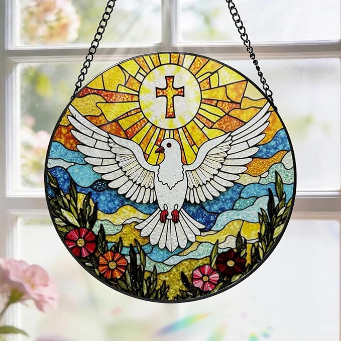 Stained Glass Cross Pigeon Suncatcher Window Hanging, Religious Sun Catchers Indoor Window, Suncatchers for Windows Hanging, Home Garden Decor Glass Panel, Easter Faith Christian Gifts for Women Men