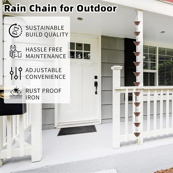 9FT Lotus Rain Chain, Rain Chains for Gutters with 12 Cups, Adjustable Rain Catcher Chain with Bell for Eaves Drainage, Replacement for Downspout