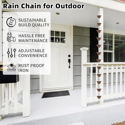 9FT Lotus Rain Chain, Rain Chains for Gutters with 12 Cups, Adjustable Rain Catcher Chain with Bell for Eaves Drainage, Replacement for Downspout