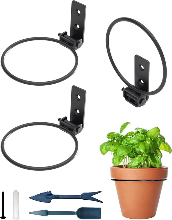 NACETURE Flower Pot Holder Ring for Wall Mount Foldable – Heavy Duty Round Metal Planter Hooks Hangers - Fence Pot Plant Holders Hanging Bracket for Outdoor Indoor (4 Inch 3 Pack)