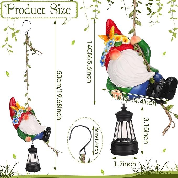 Rossesay Solar Hanging Gnome Statue 6.3" H Climbing Gnomes with LED Lantern Hook Waterproof Hanging Gnomes Outdoor Decor Tree Yard Porch Wall Decoration Birthday Gift for Mom Women