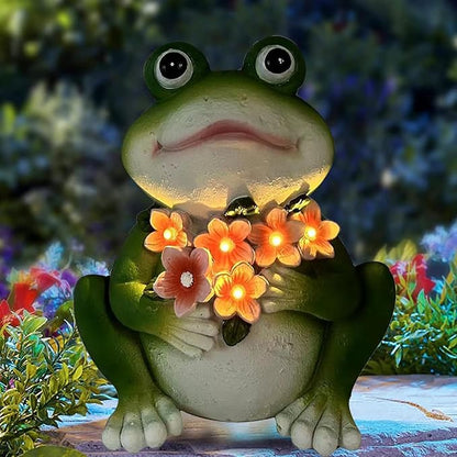 Solar Frog Garden Decor - Resin Frog Statues for Outside, Patio, Yard, Lawn, Gardening Gifts for Women, Outdoor Decorations