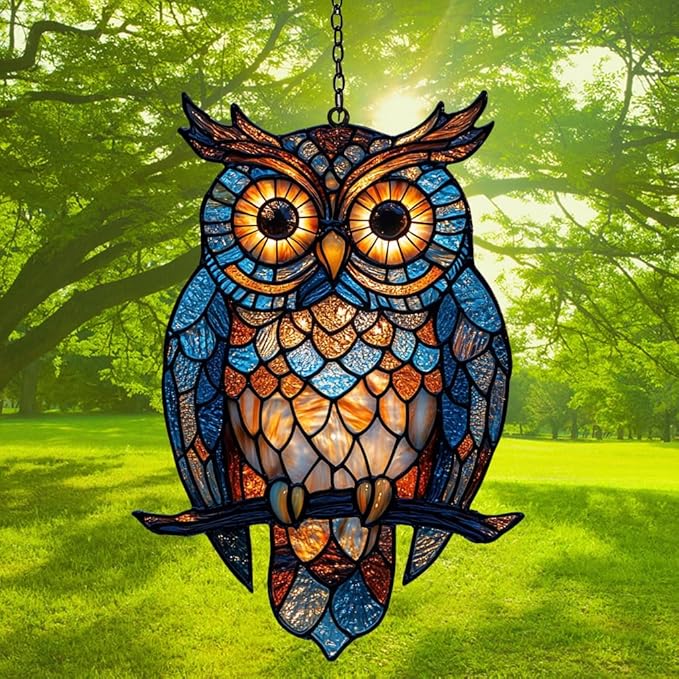 Night Owl Acrylic Suncatcher Stained Glass Effect Window Car Hanging Christmas Ornament Indoor Outdoor Decor Garden Sun Catcher Panel for Owl Lover for Women Mom Grandma