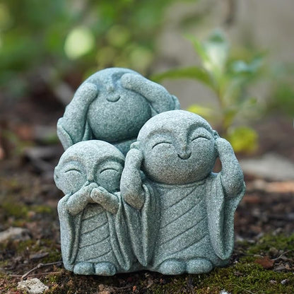 OwMell Japanese Jizo Monk Statue, Buddha Jizo Figurine Memorial Aquarium Statue Ornament - No Evil