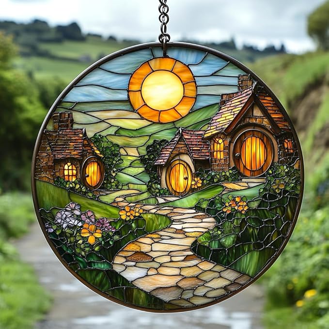 Whimsical Vivid Village Mosaic Art Acrylic Suncatcher Stained Glass Effect Window Car Hanging Christmas Ornament Indoor Outdoor Decor Garden Sun Catcher Panel for Scenery Lover for Women Mom Grandma
