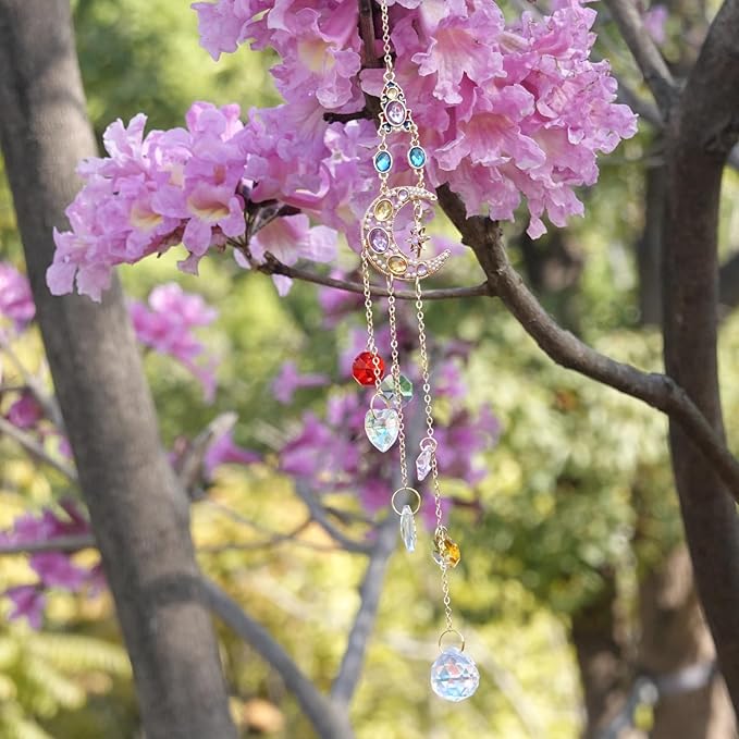 Moon Prism Crystal Suncatcher for Car Rear Mirror- Hanging Decoration for Indoor Window Outdoor Patio Chandelier Garden - Rainbow Maker Hanging Ornament