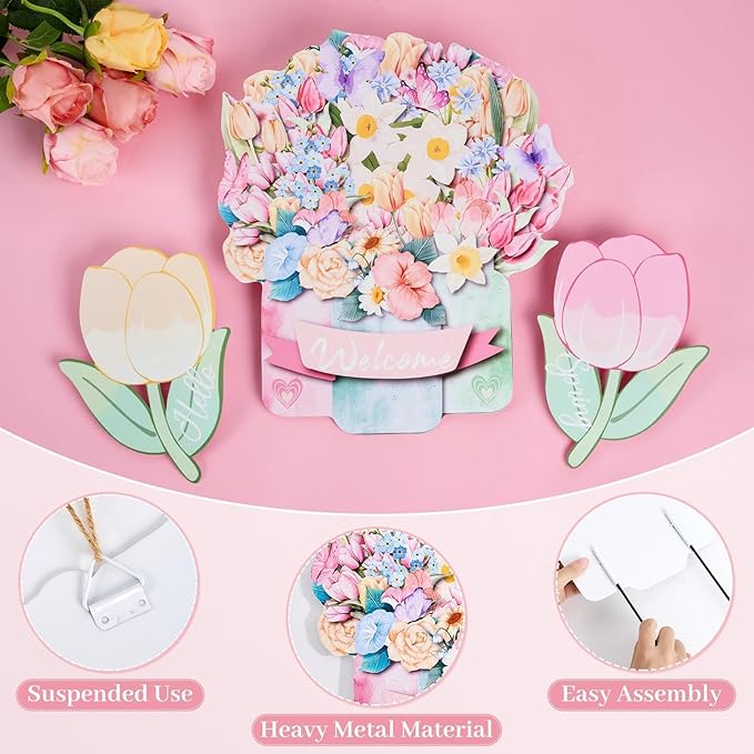 3Pcs Hello Spring Welcome Flower Yard Stakes Metal Floral Outdoor Decor, 2-in-1 Decorative Tulip Flower Sign for Garden Patio Yard Wall Hanging Floral Ornaments with Rope Rustic Spring Decor