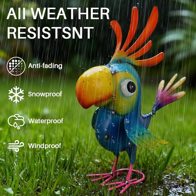 Metal Parrot Statue Outdoor Garden Decor,15" Bird Decor Yard Statue Decorations Outdoor,Funny Parrot Sculpture for Patio, Lawn, Backyard