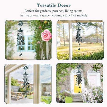 Cat on the Moon Wind Chimes for Outside - 35" Large Metal Windchime with 6 Cat Charms & 4 Tuned Aluminum Tubes - Memorial Pet Sympathy Gift, Verdigris Bronze Garden Decor for Yard, Porch, Patio