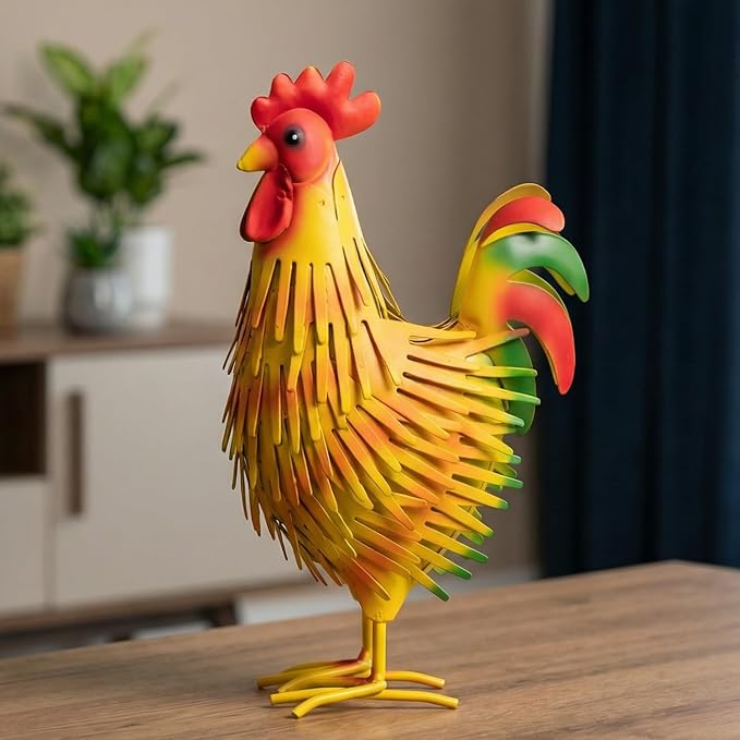 Metal Rooster Decor Statue, Colorful Farmhouse Chicken Figurine for Indoor Tabletop, Shelf Kitchen Display, Rustic Garden & Patio Accent, Unique Gift for Women Mom