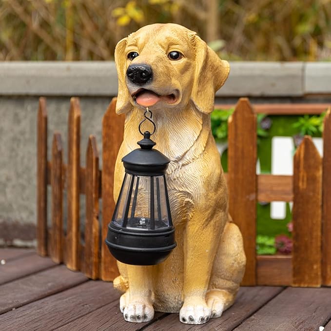 Garden Dog Statues Outdoor Decor, Golden Retriever Yard Outdoor Statue with Solar Lantern Lights Decorations Solar Dog Ornaments for Patio, Lawn, Yard Art Decoration, Housewarming Garden Gift