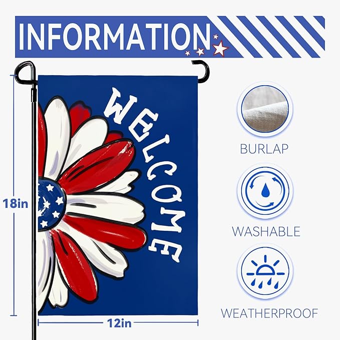 4th of July Garden Flag Patriotic Daisy Double Sided Yard Flag Burlap Welcome Independence Day House Banner Memorial Day Floral America Blue Garden Flags Outdoor Decoration 12x18 Inch