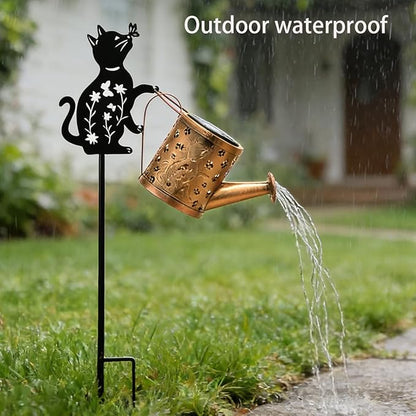 Solar Outdoor Garden Decorative Watering Can with Light, Featuring Metal Cat Silhouette Garden Stake, Waterproof Garden Decor,for Lawns, Pathways,Garden Gift for Women
